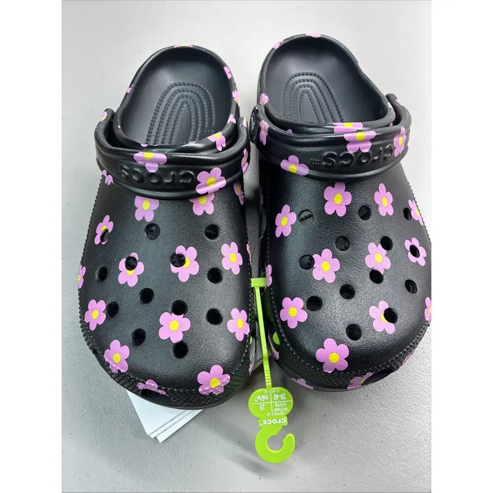 Crocs Classic Flower Clog Black Pink Floral Unisex Sandal US Size 9 Women’s 7m - Picture 1 of 5